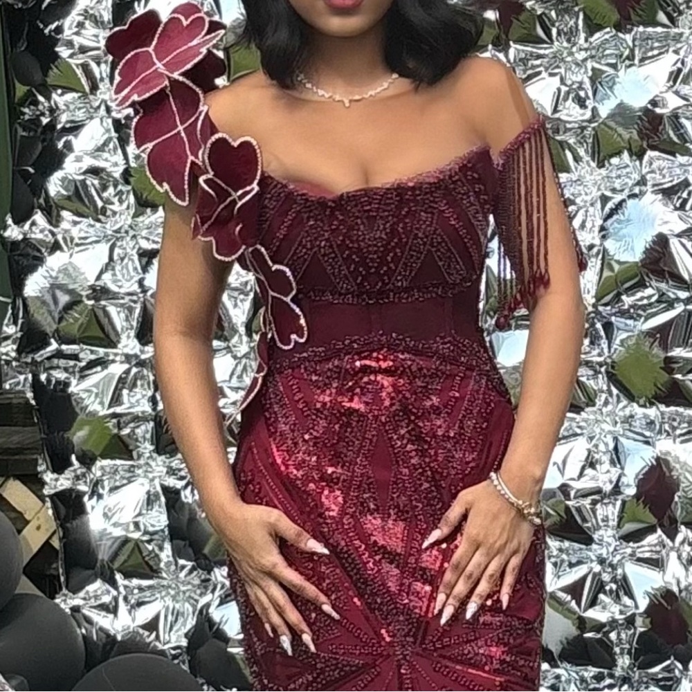 Burgundy Beaded Embroidered Dress with 3D Shoulder